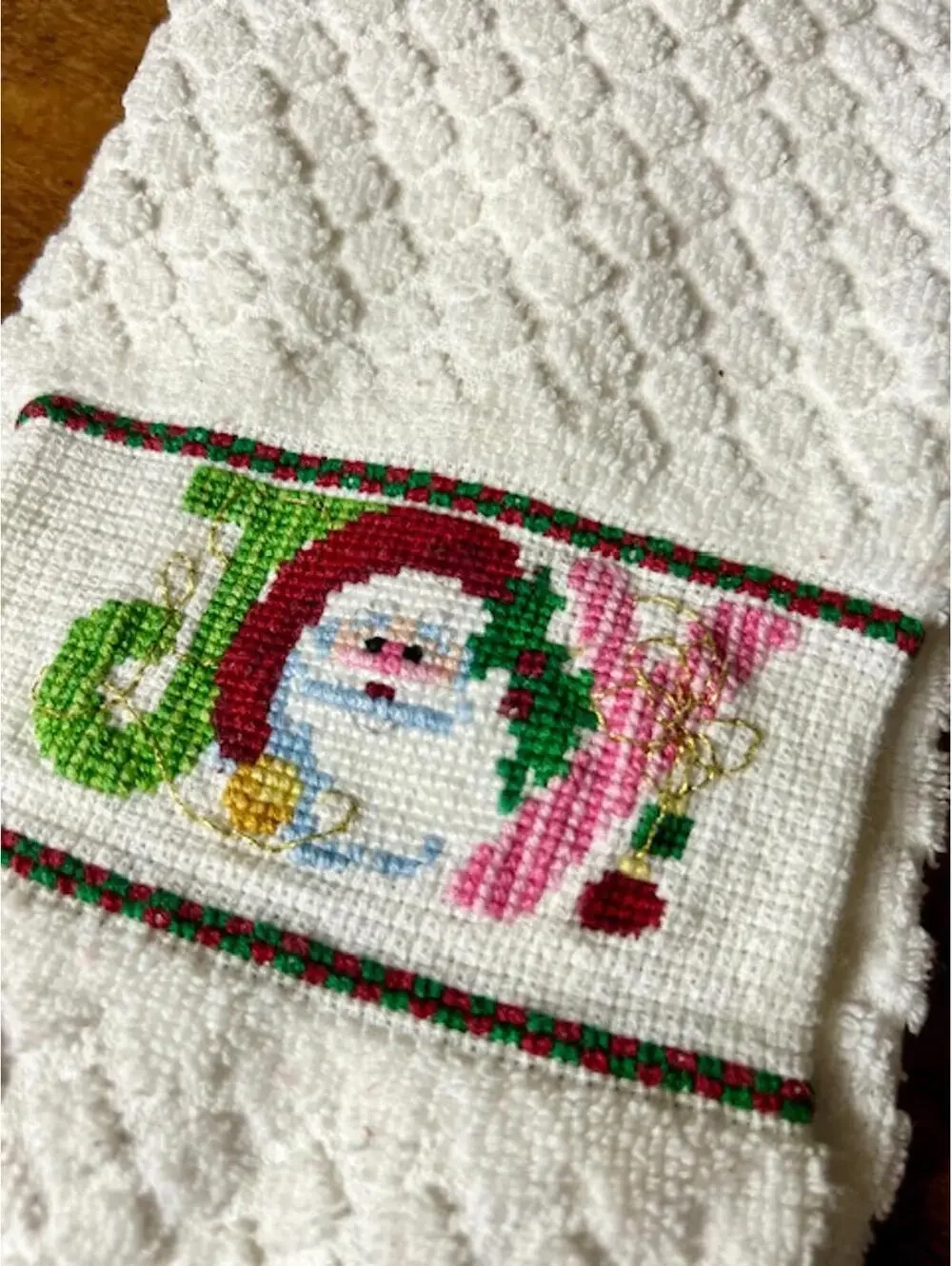 White Textured Kitchen Towel with Festive 'Joy' Cross-Stitch Design